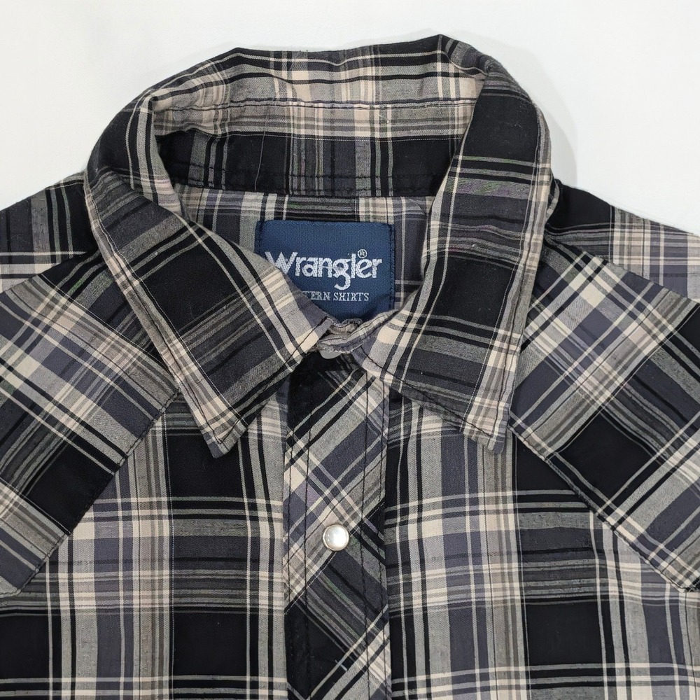 Wrangler Western Shirt Mens Large Tall Black Grey Plaid Pearl Snap Short Sleeve